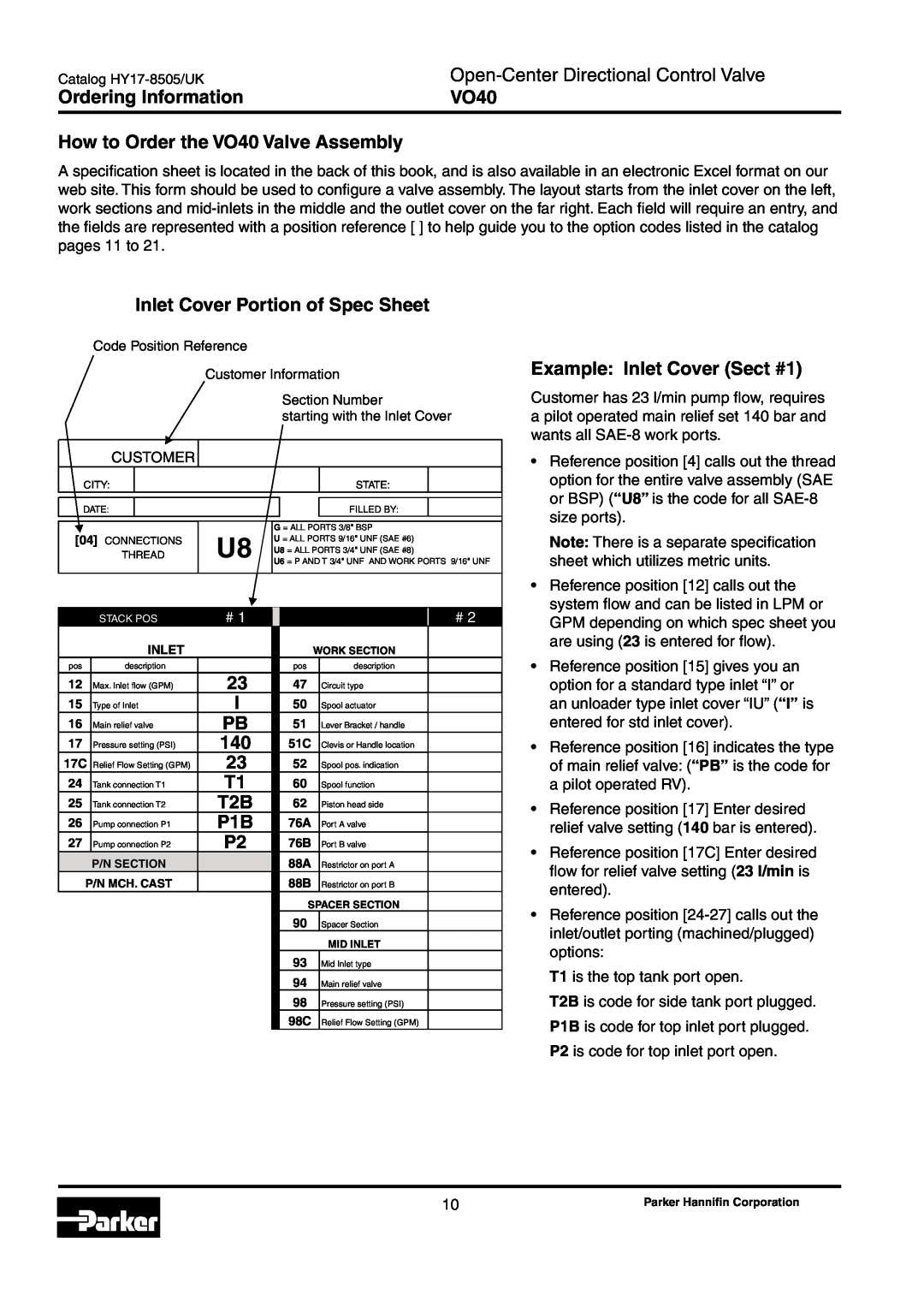 Parker Hannifin manual Ordering Information, How to Order the VO40 Valve Assembly, Inlet Cover Portion of Spec Sheet 