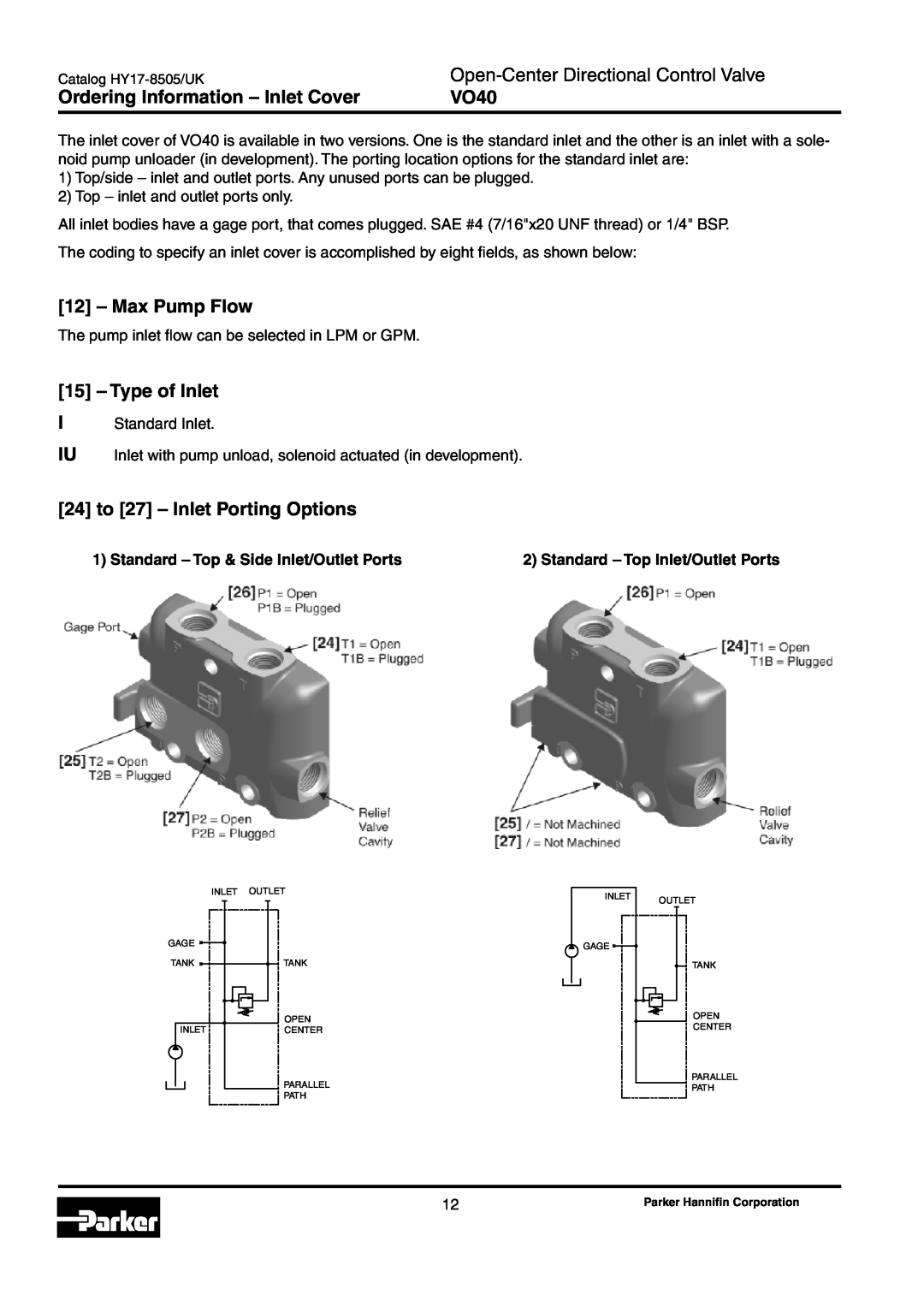 Parker Hannifin VO40 Ordering Information - Inlet Cover, Max Pump Flow, Type of Inlet, 24 to 27 - Inlet Porting Options 