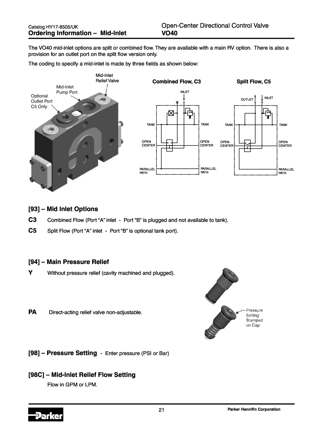 Parker Hannifin VO40 manual Ordering Information - Mid-Inlet, Mid Inlet Options, Main Pressure Relief 