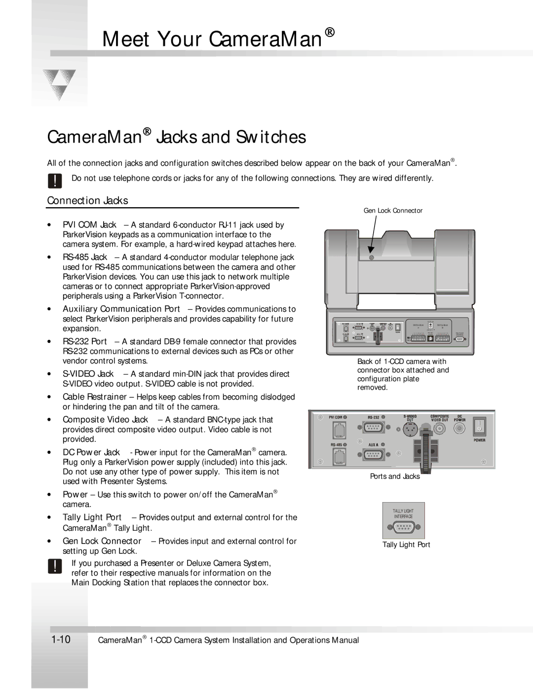 ParkerVision 1-CCD manual CameraMan Jacks and Switches, Connection Jacks 