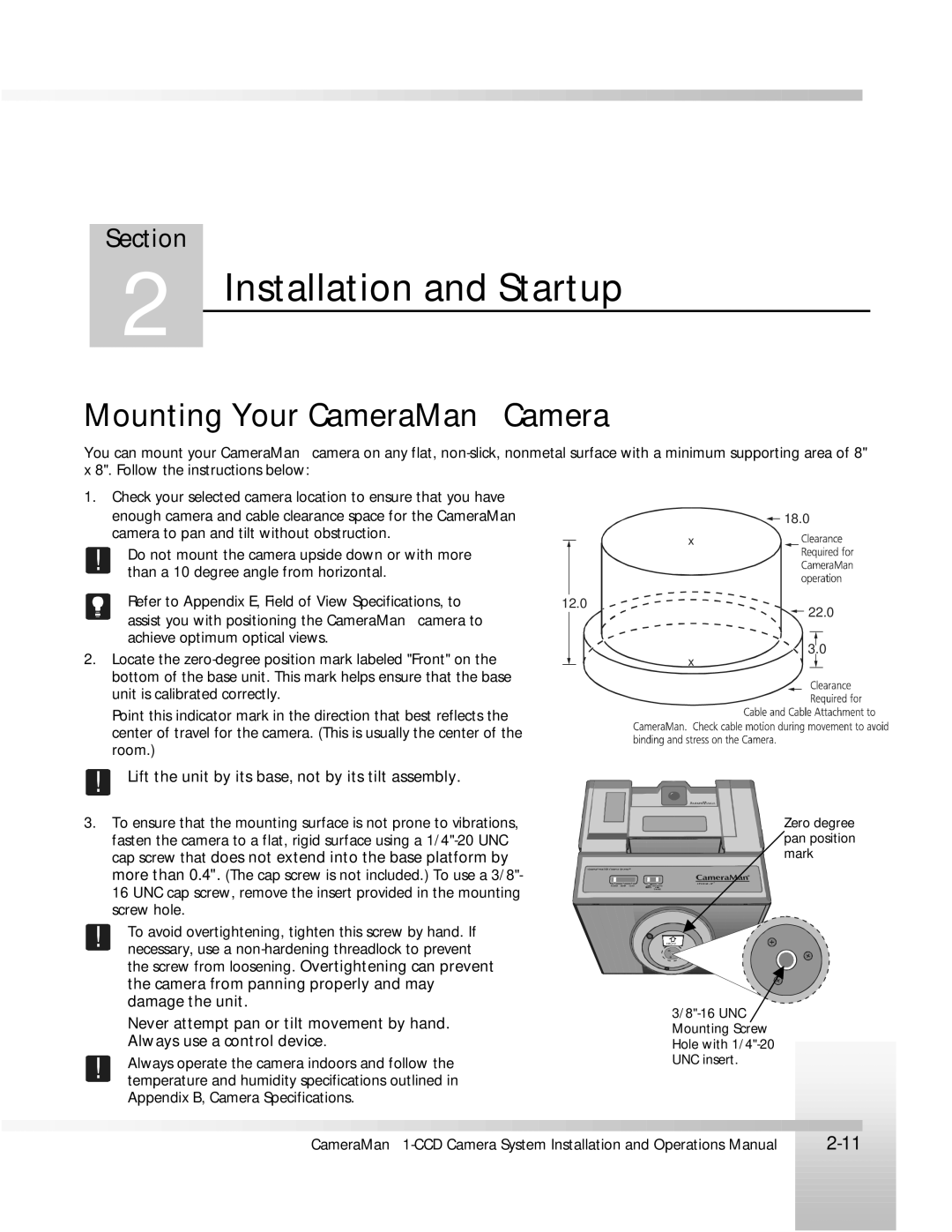 ParkerVision 1-CCD manual Installation and Startup, Mounting Your CameraMan Camera 