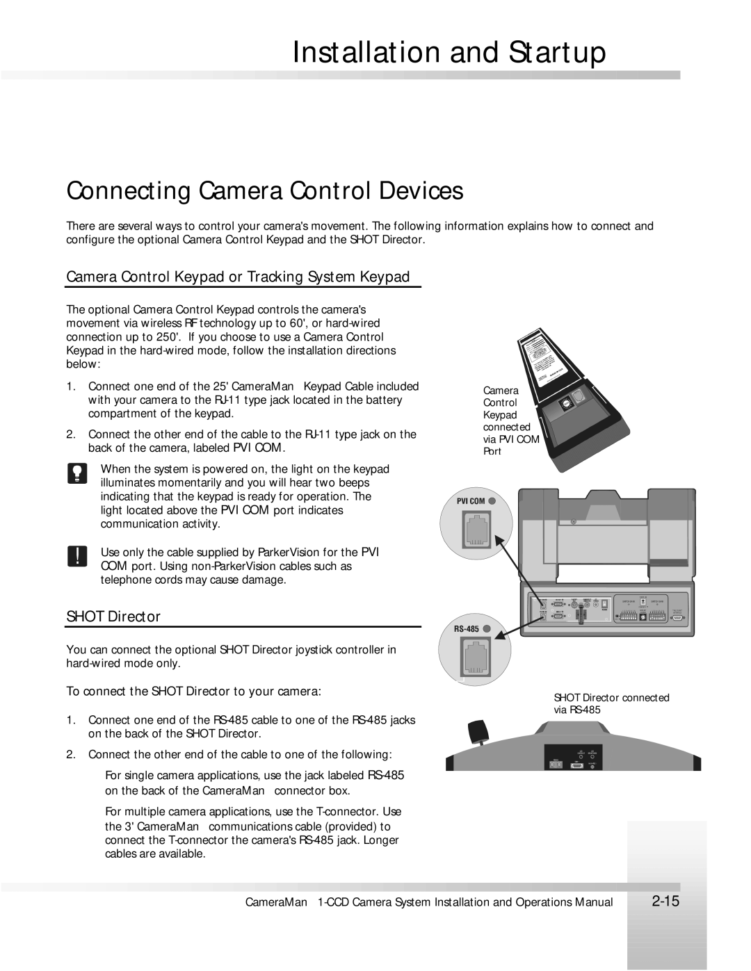 ParkerVision 1-CCD manual Connecting Camera Control Devices, Camera Control Keypad or Tracking System Keypad, Shot Director 