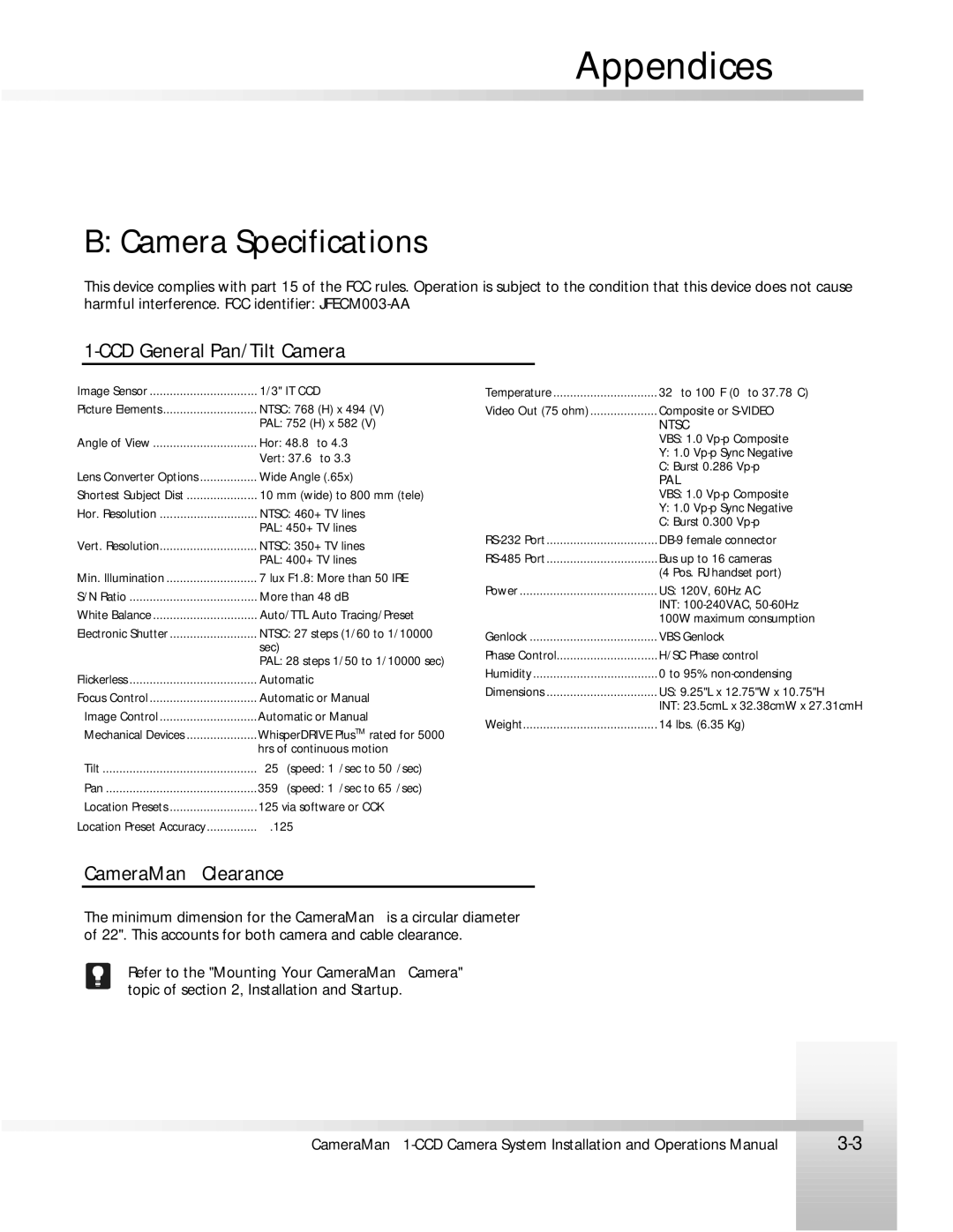 ParkerVision 1-CCD manual Camera Specifications, CCD General Pan/Tilt Camera, CameraMan Clearance 