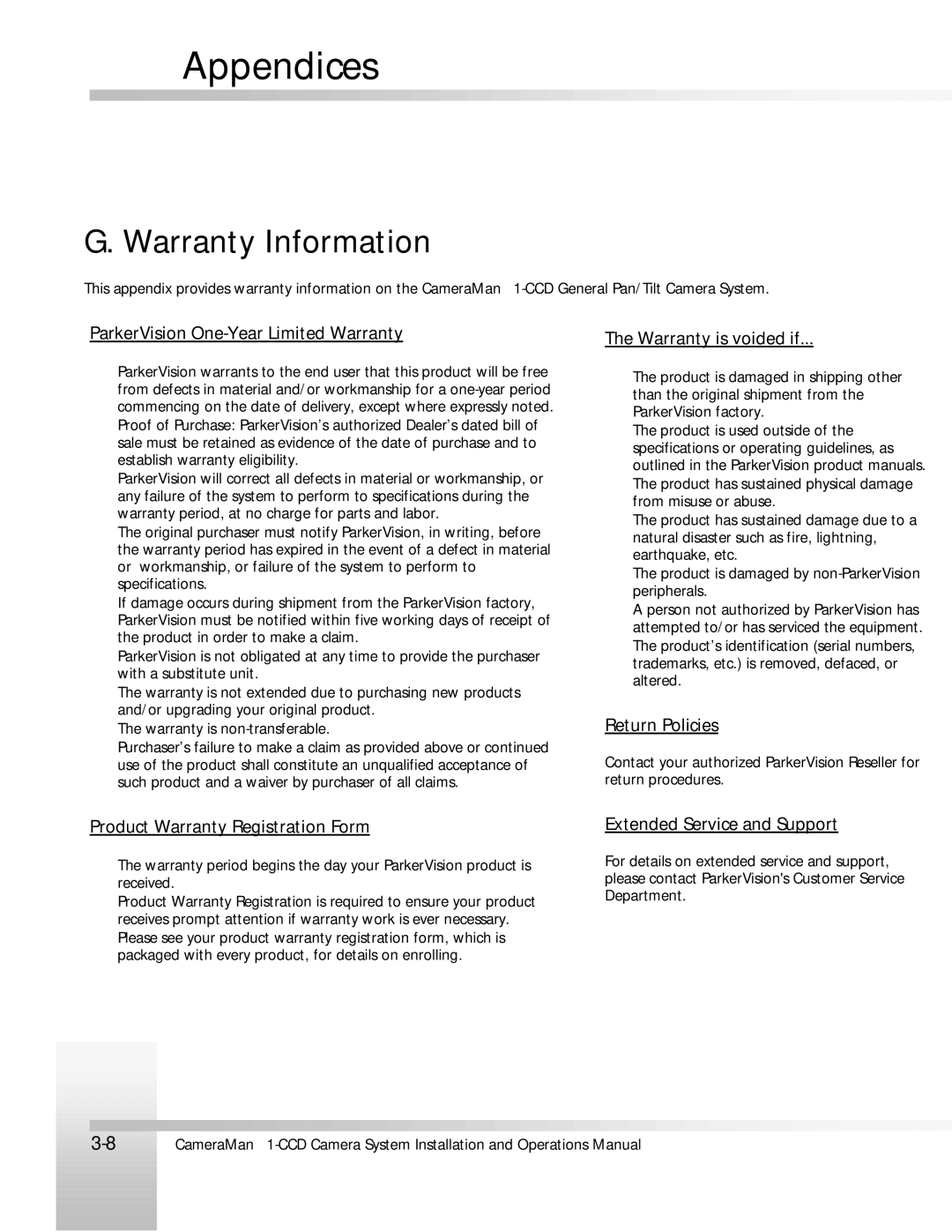 ParkerVision 1-CCD manual Warranty Information, ParkerVision One-Year Limited Warranty 