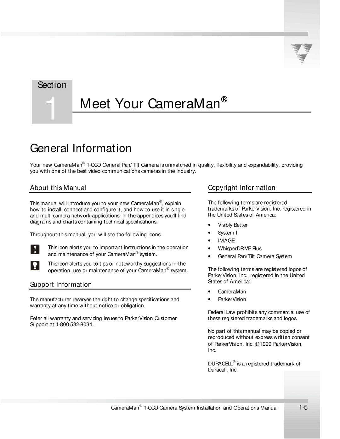 ParkerVision 1-CCD manual Meet Your CameraMan, General Information, About this Manual, Support Information 