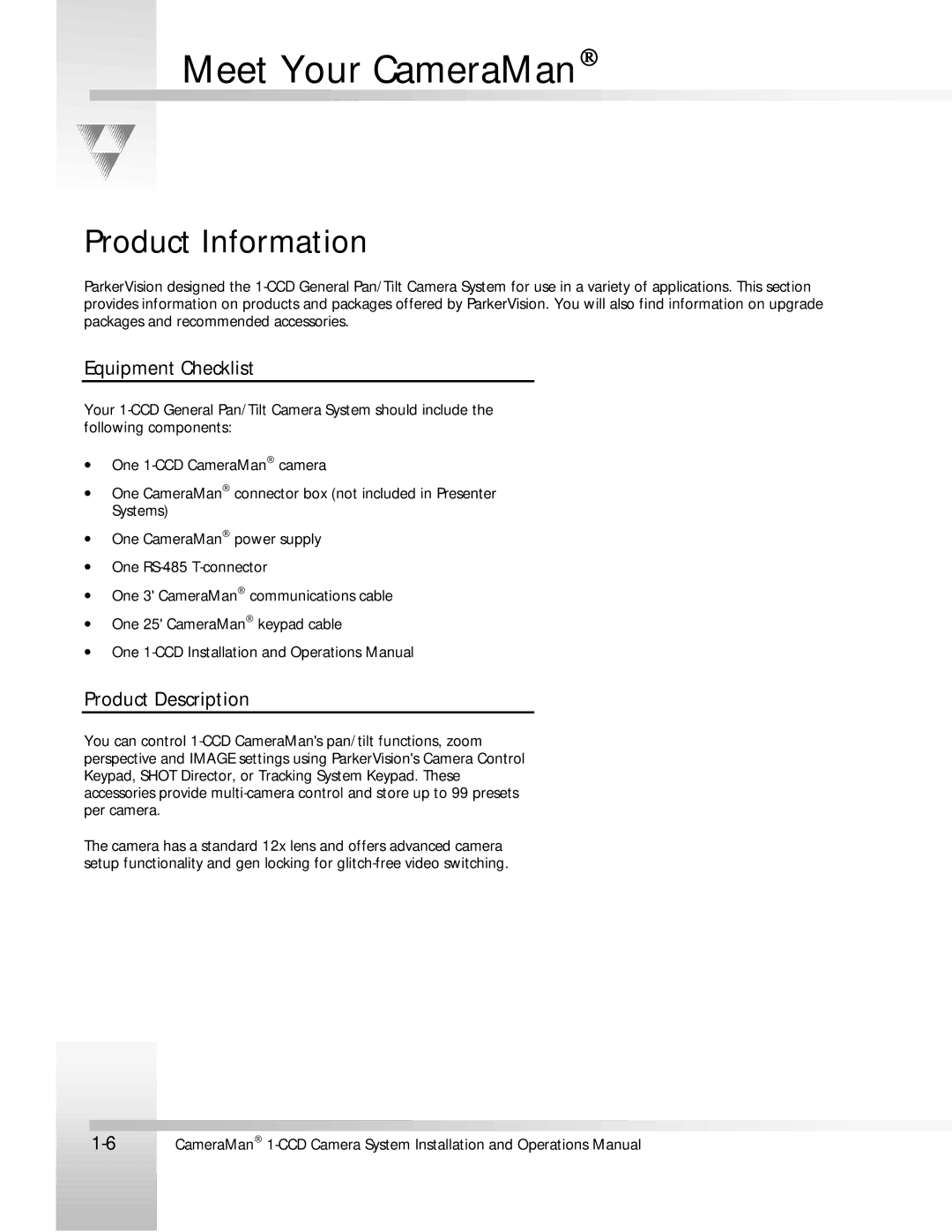 ParkerVision 1-CCD manual Product Information, Equipment Checklist, Product Description 