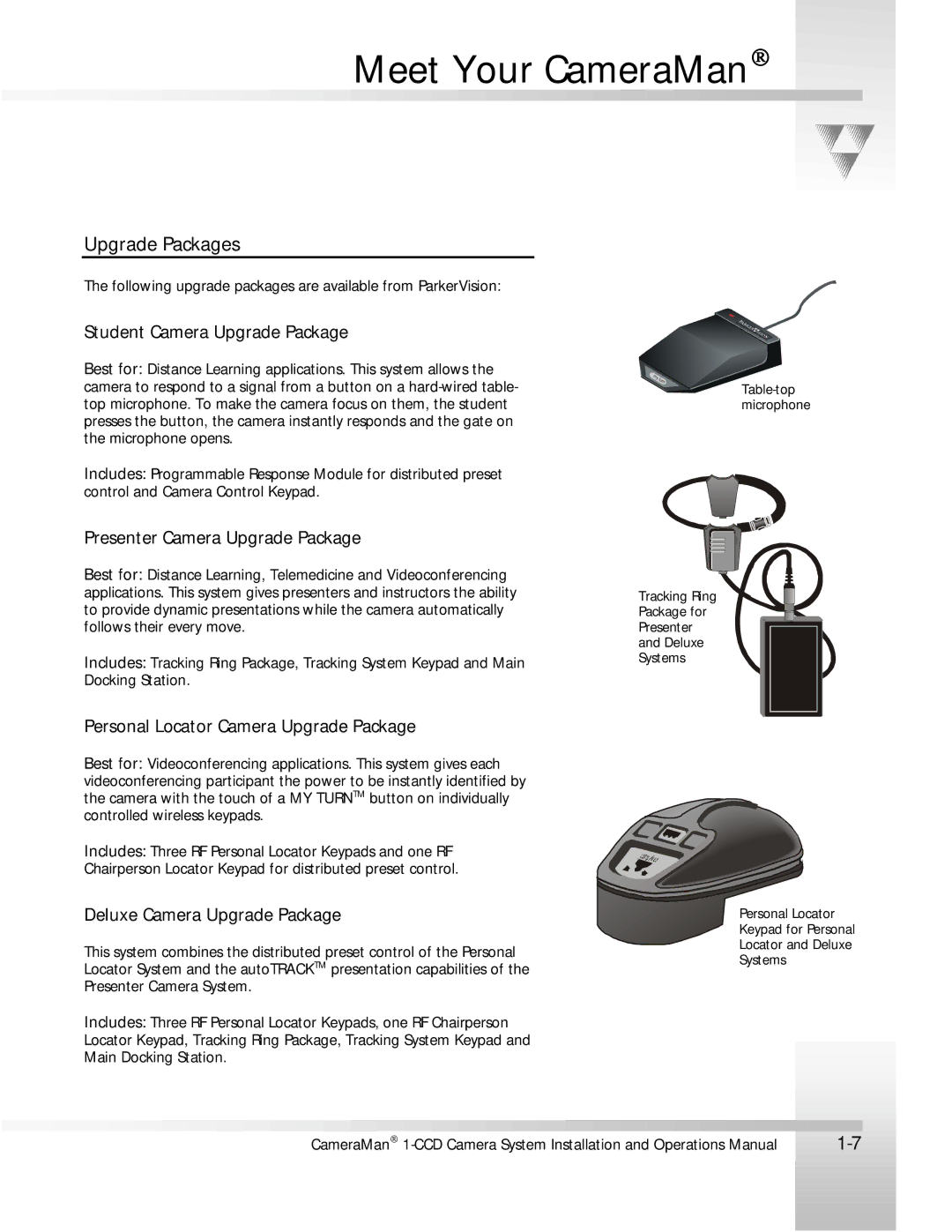 ParkerVision 1-CCD manual Upgrade Packages, Student Camera Upgrade Package 