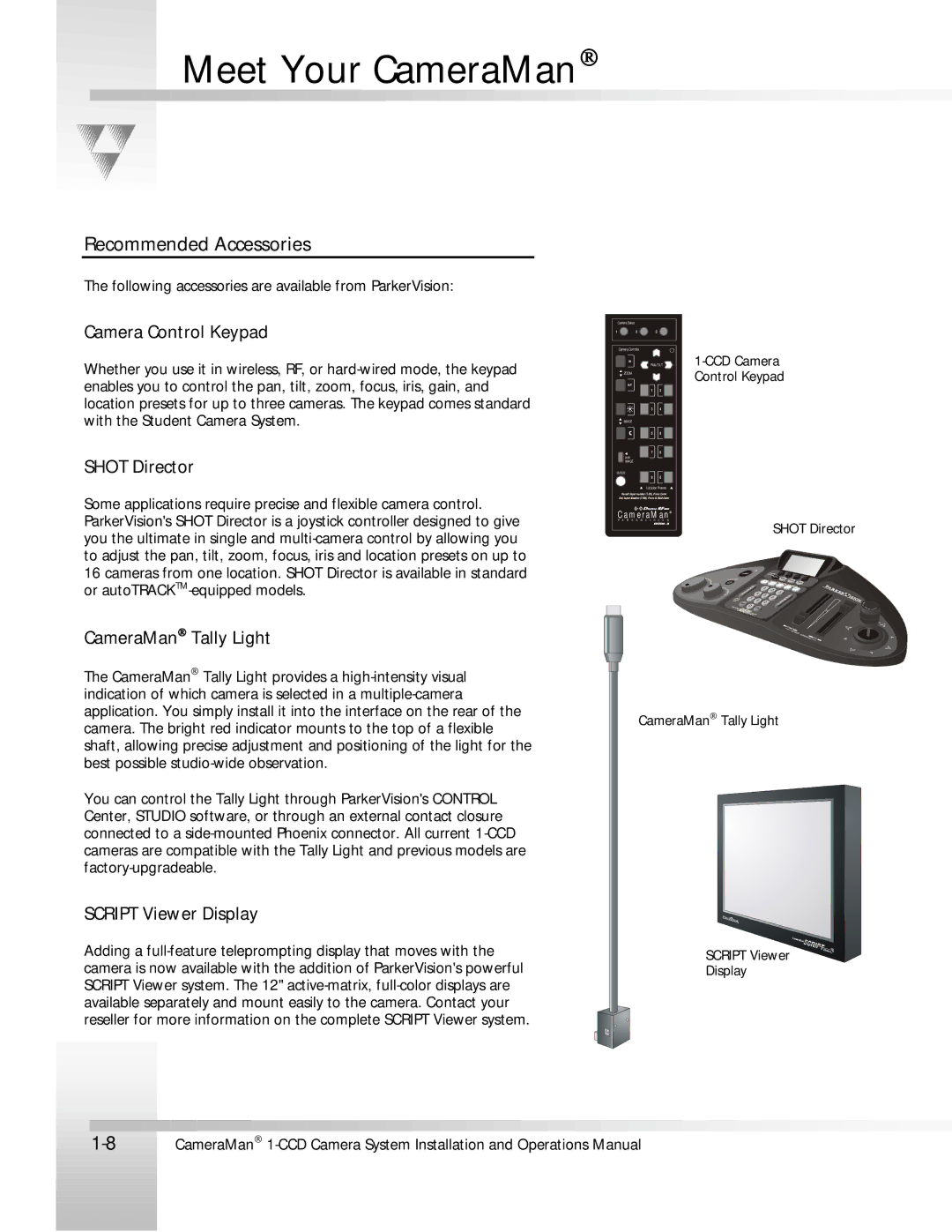 ParkerVision 1-CCD manual Recommended Accessories, Camera Control Keypad 