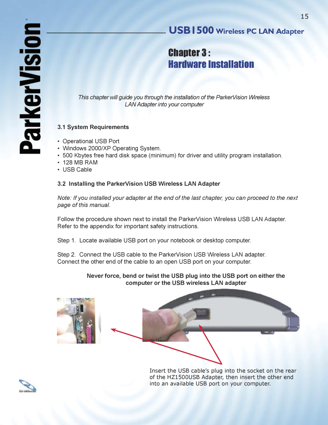 ParkerVision USB1500 Hardware Installation, System Requirements, Installing the ParkerVision USB Wireless LAN Adapter 