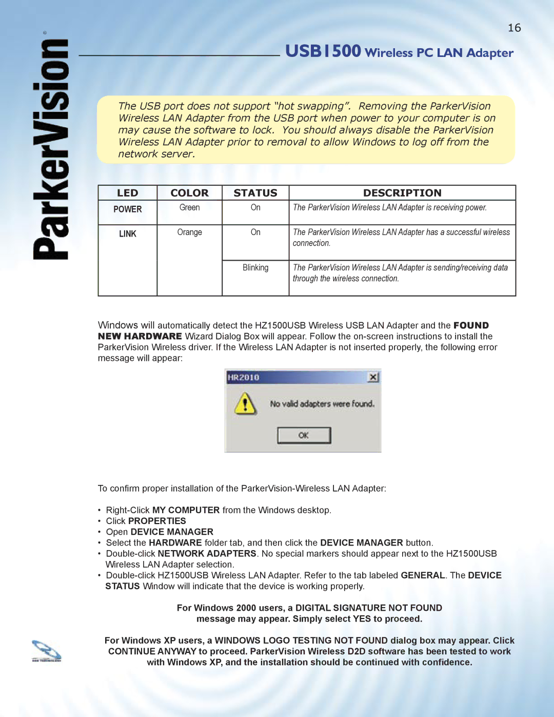 ParkerVision USB1500 manual Led 