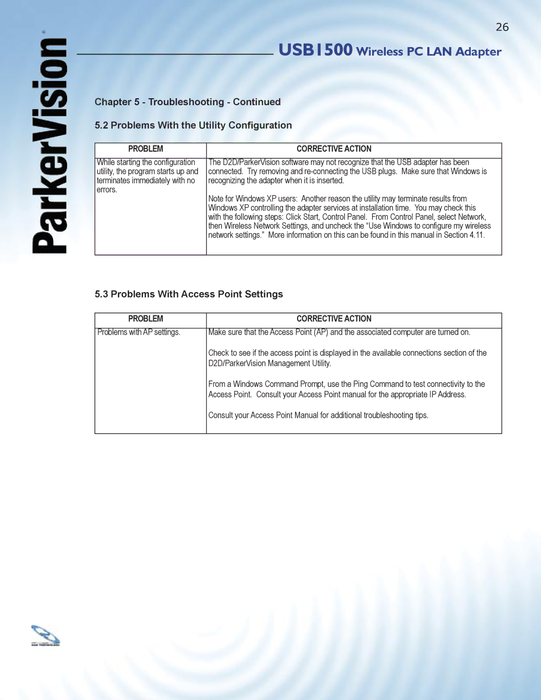 ParkerVision USB1500 manual Troubleshooting Problems With the Utility Conﬁguration, Problems With Access Point Settings 