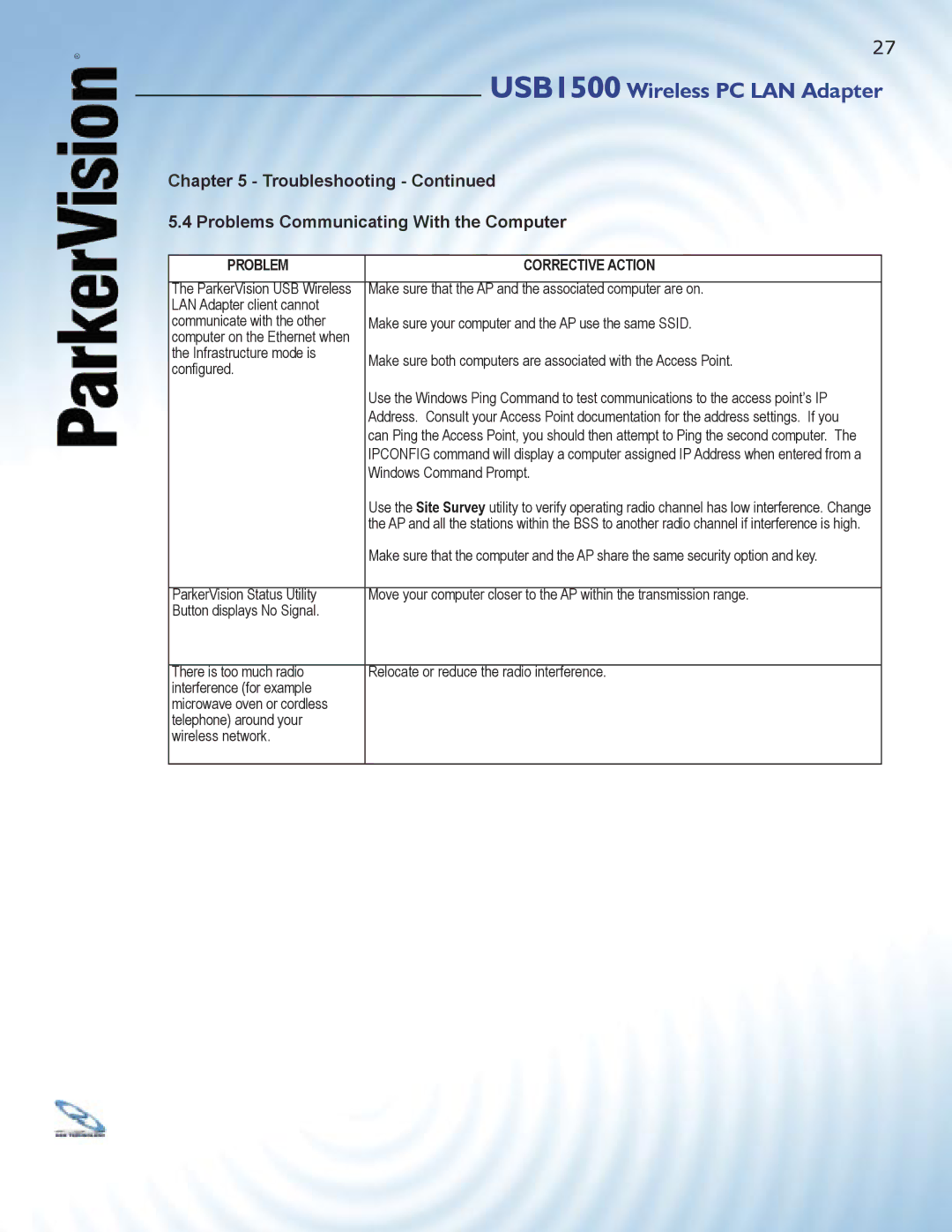 ParkerVision USB1500 manual Troubleshooting Problems Communicating With the Computer 