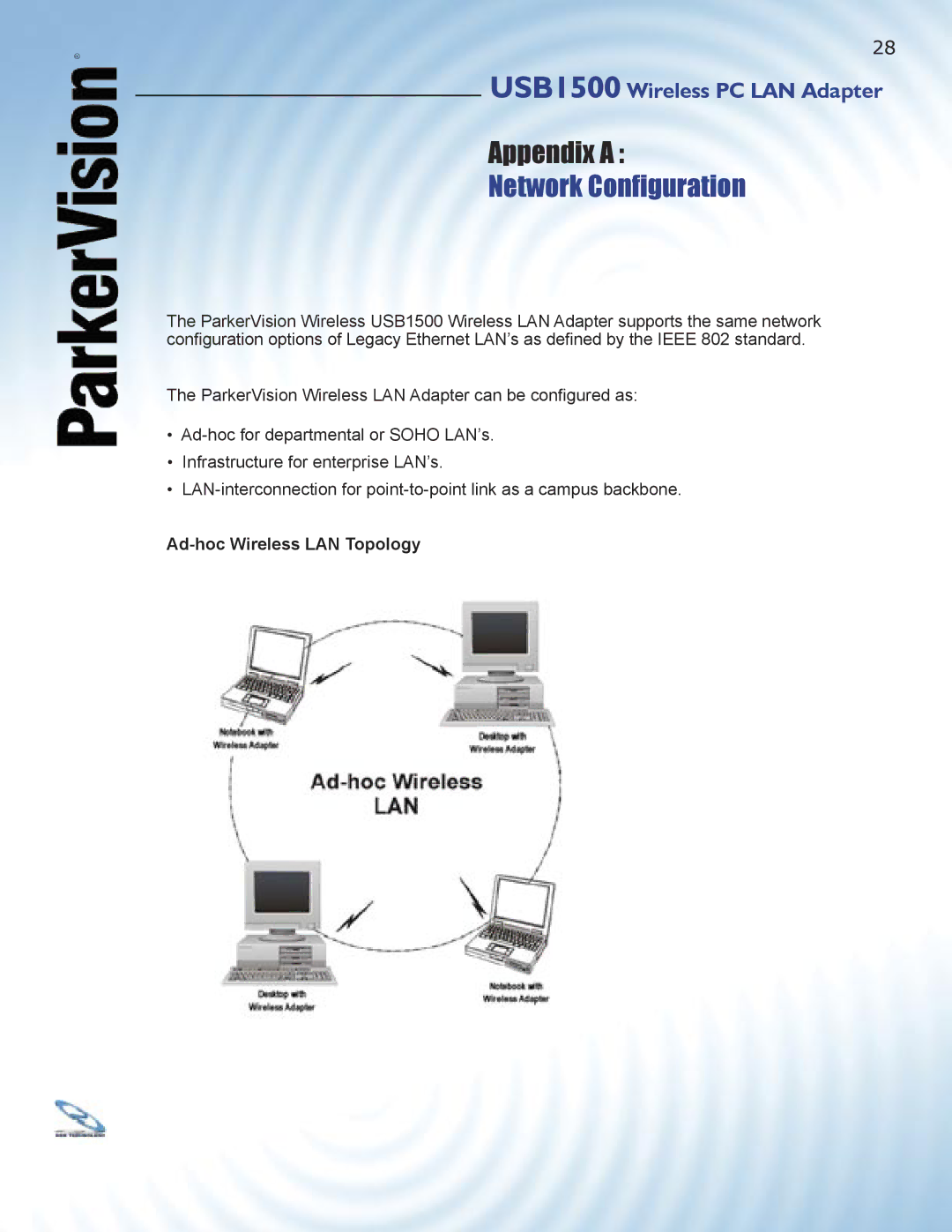 ParkerVision USB1500 manual Network Conﬁguration, Ad-hoc Wireless LAN Topology 