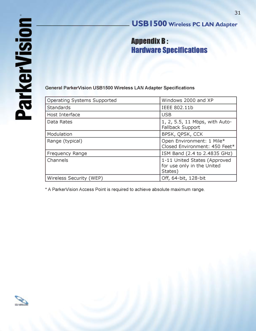 ParkerVision USB1500 manual Hardware Speciﬁcations, Bpsk, Qpsk, Cck 