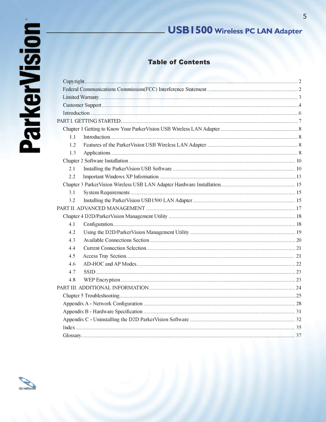 ParkerVision USB1500 manual Table of Contents 