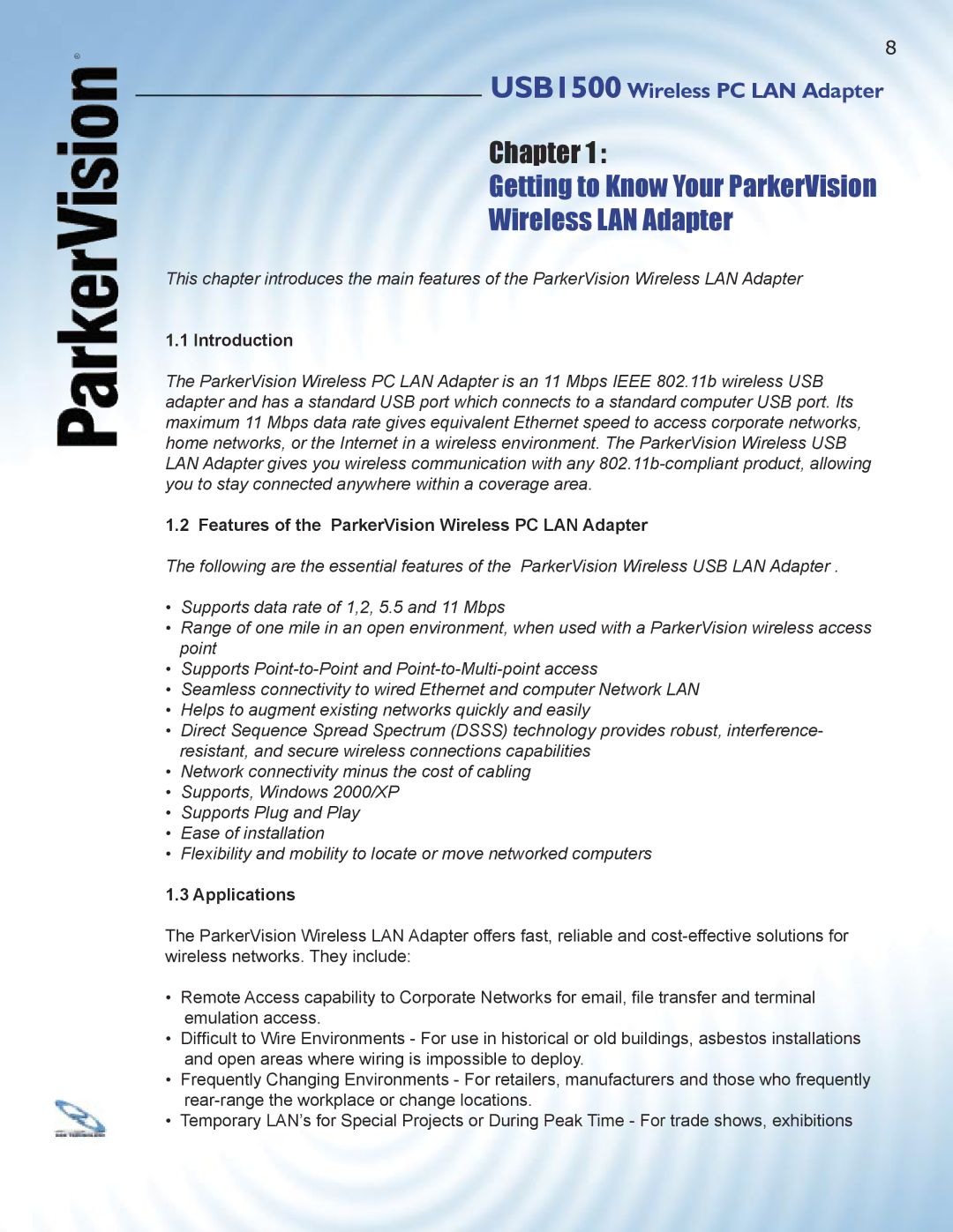 ParkerVision USB1500 manual Getting to Know Your ParkerVision Wireless LAN Adapter, Introduction, Applications 