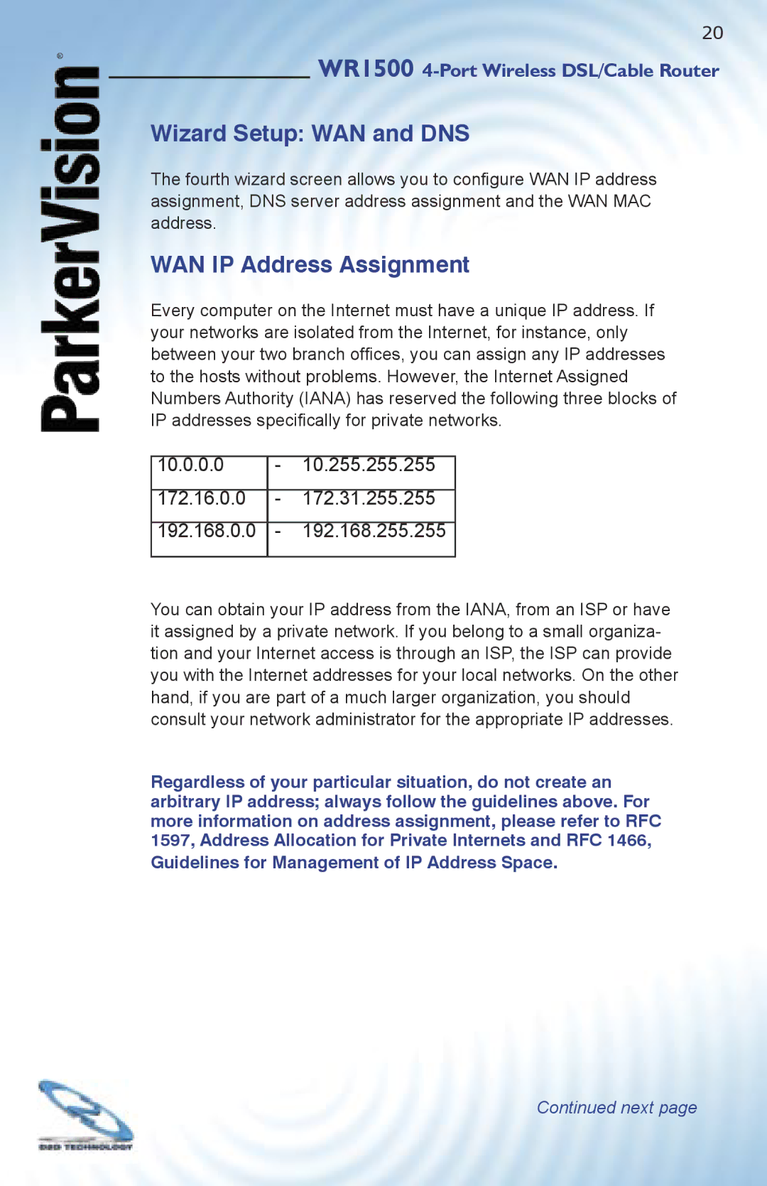 ParkerVision WR1500 quick start Wizard Setup WAN and DNS, WAN IP Address Assignment 