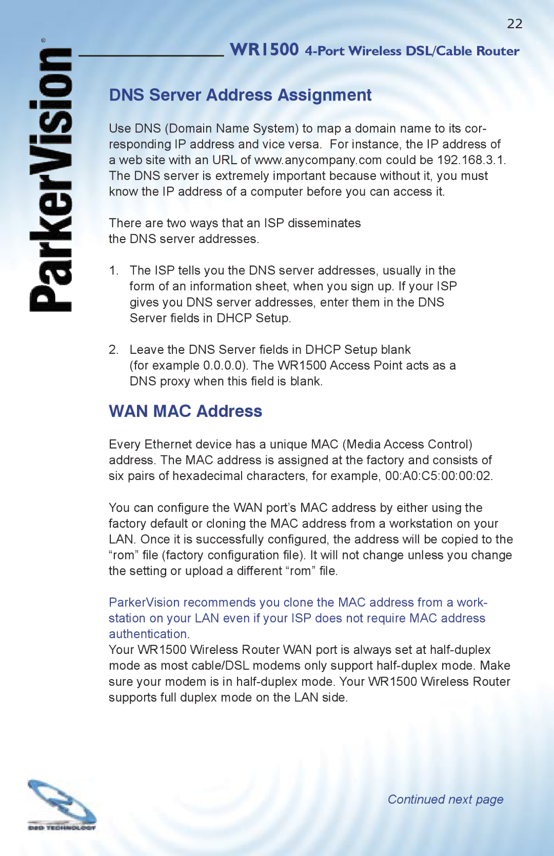 ParkerVision WR1500 quick start DNS Server Address Assignment, WAN MAC Address 