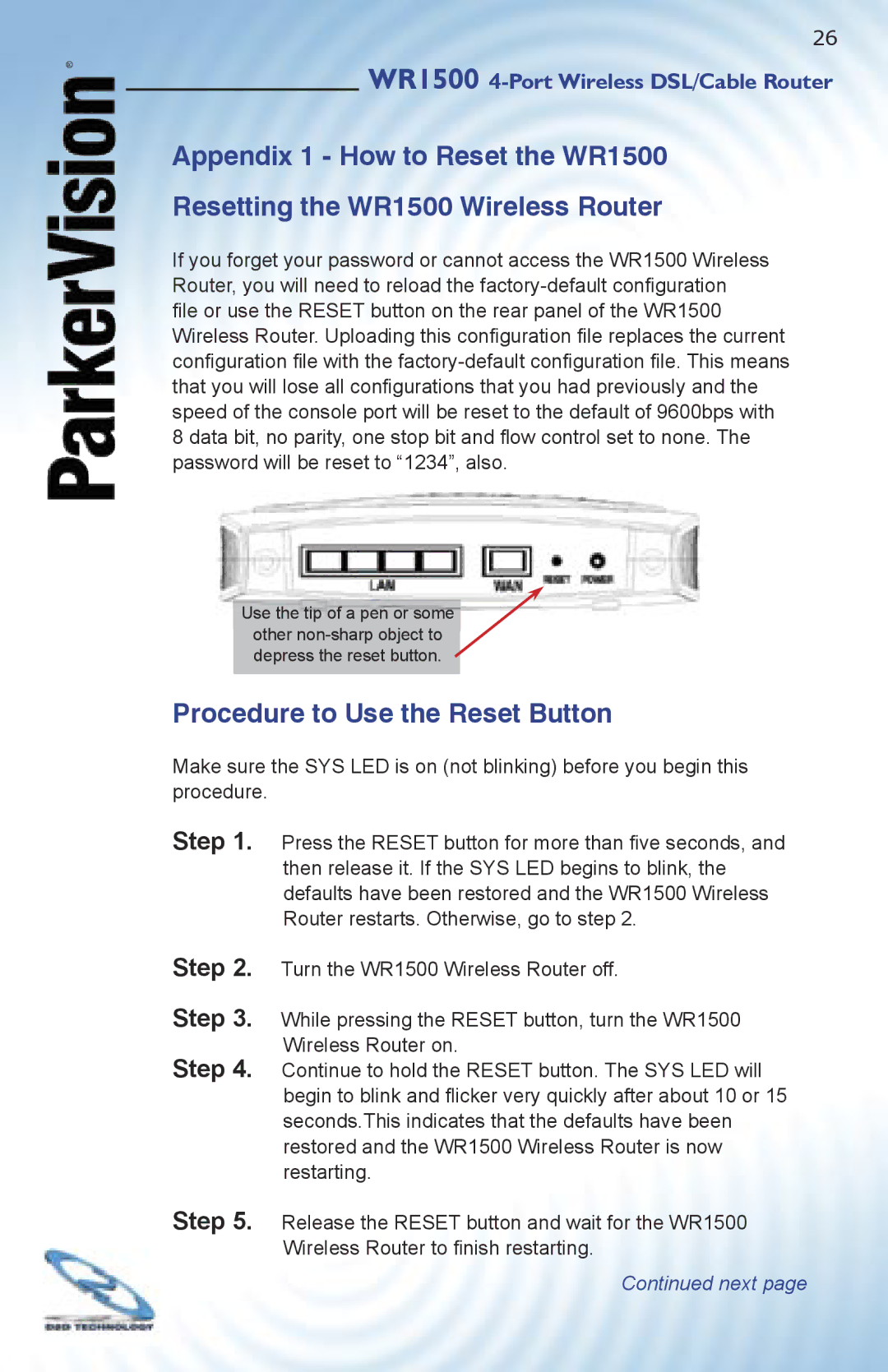 ParkerVision WR1500 quick start Procedure to Use the Reset Button 