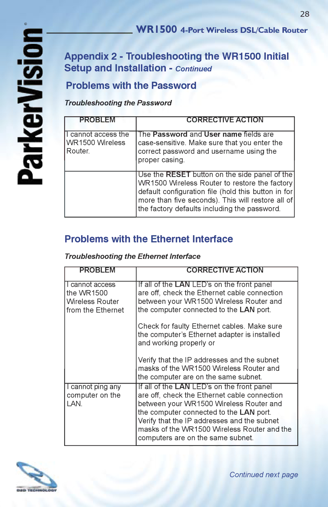 ParkerVision WR1500 quick start Problems with the Ethernet Interface, Troubleshooting the Ethernet Interface 
