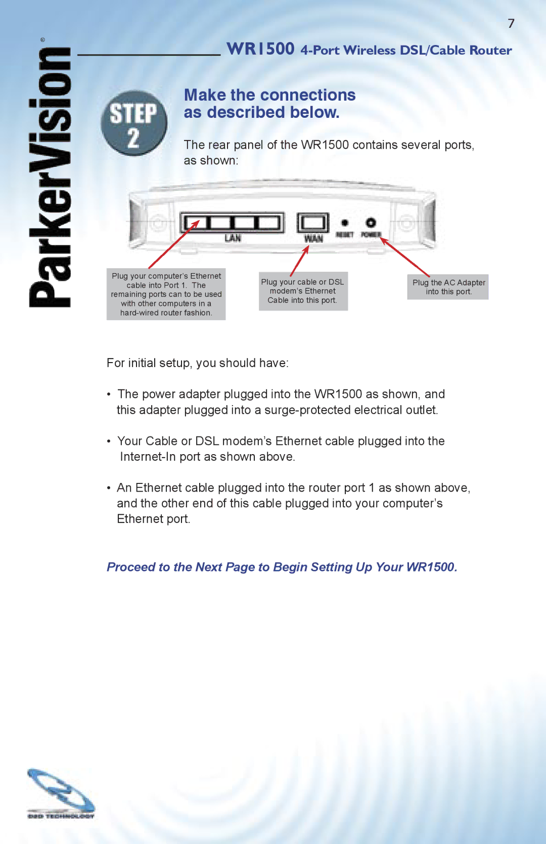 ParkerVision Make the connections as described below, Rear panel of the WR1500 contains several ports, as shown 