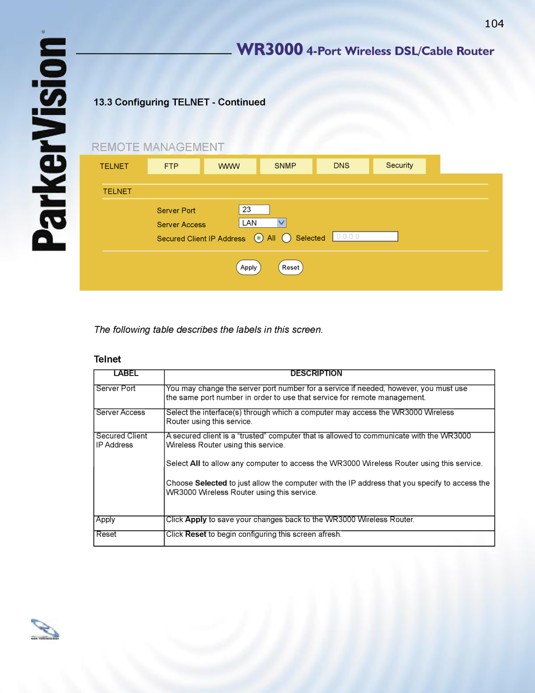 ParkerVision WR3000 manual Remote Management 