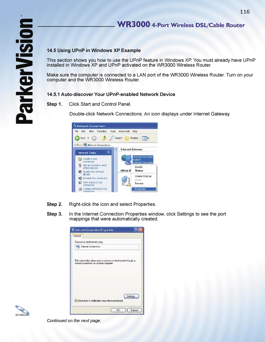 ParkerVision WR3000 manual Using UPnP in Windows XP Example 