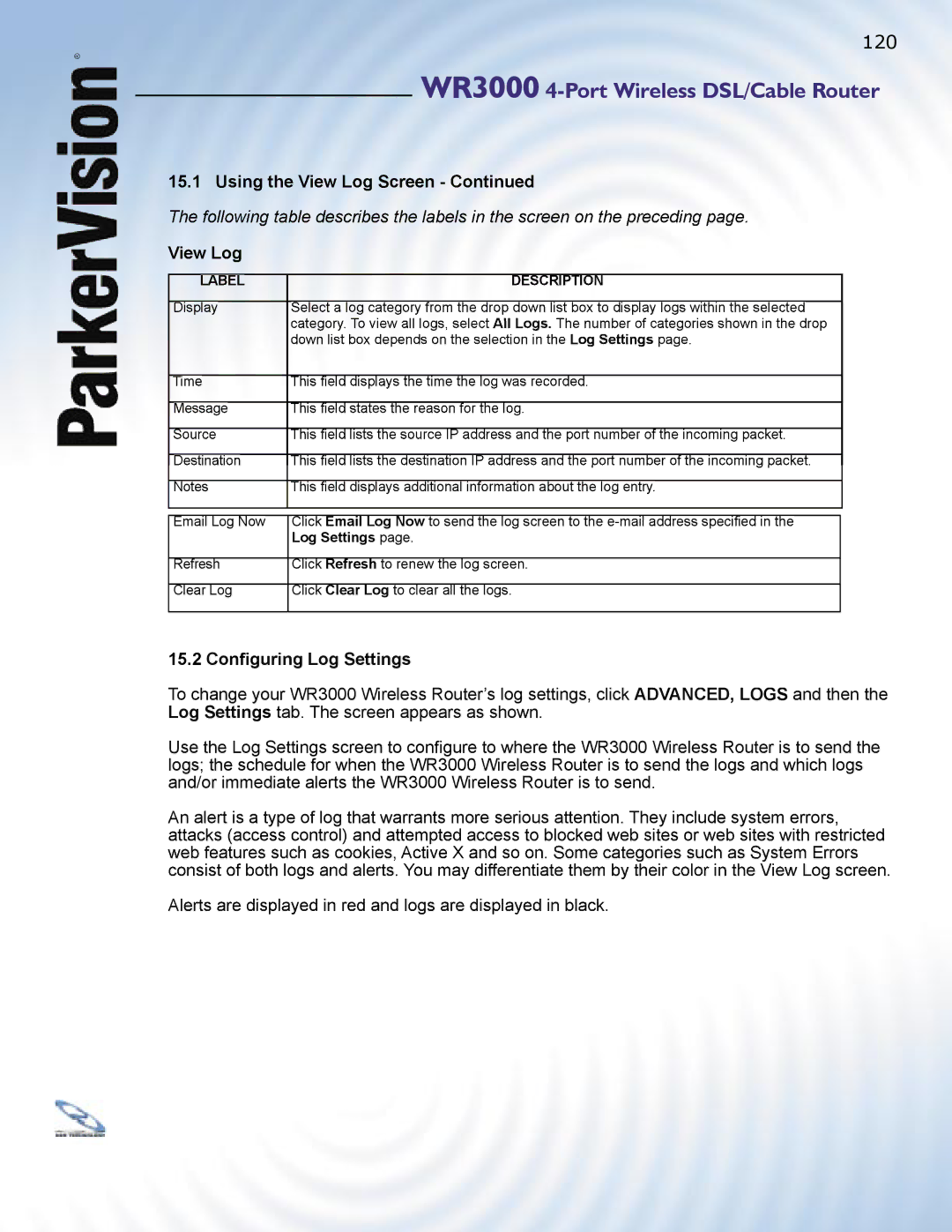 ParkerVision WR3000 manual 15.2 Conﬁguring Log Settings 