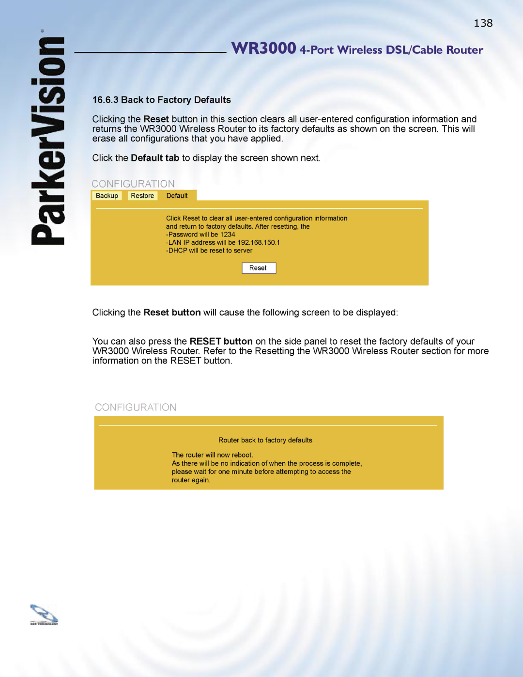 ParkerVision WR3000 manual Configuration, Back to Factory Defaults 