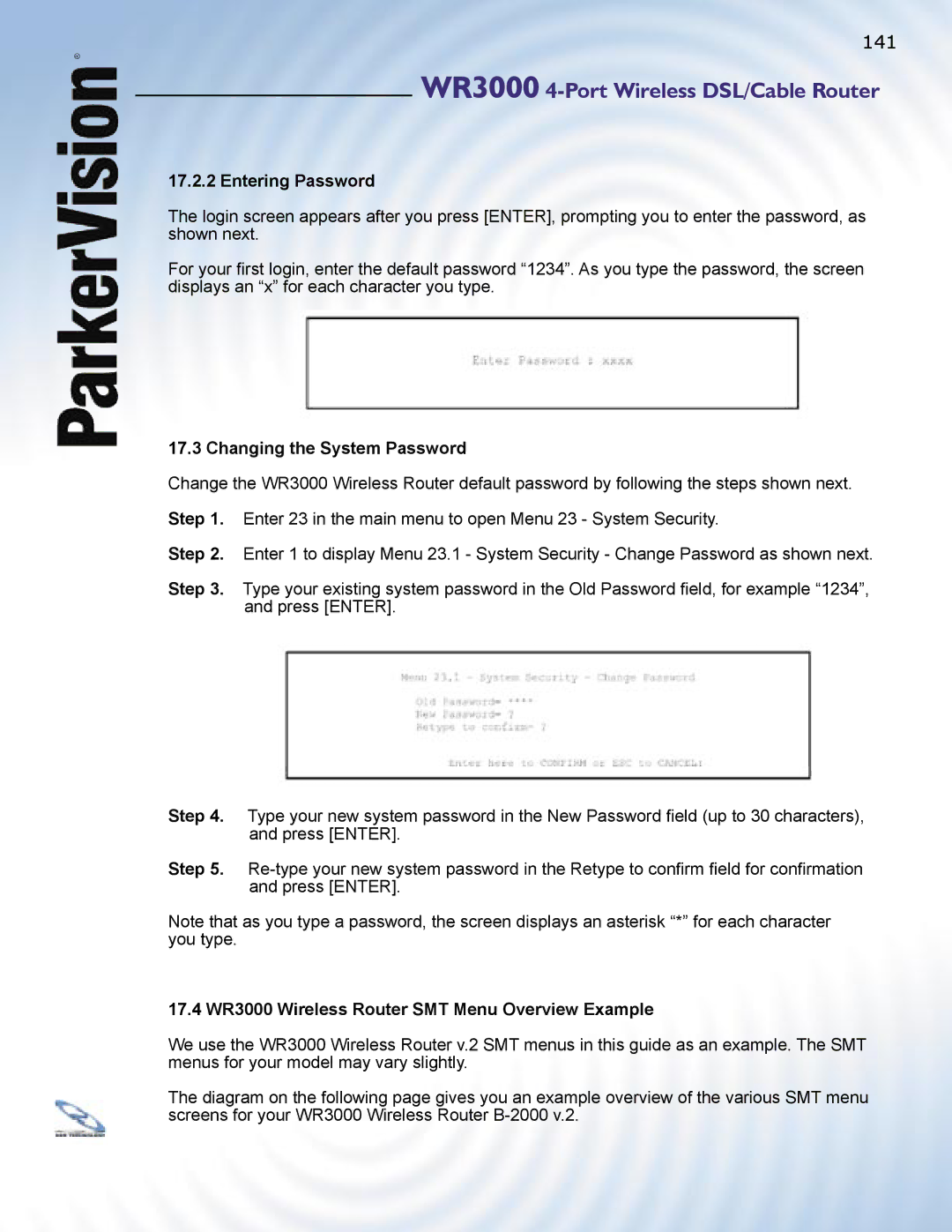 ParkerVision Entering Password, Changing the System Password, 17.4 WR3000 Wireless Router SMT Menu Overview Example 