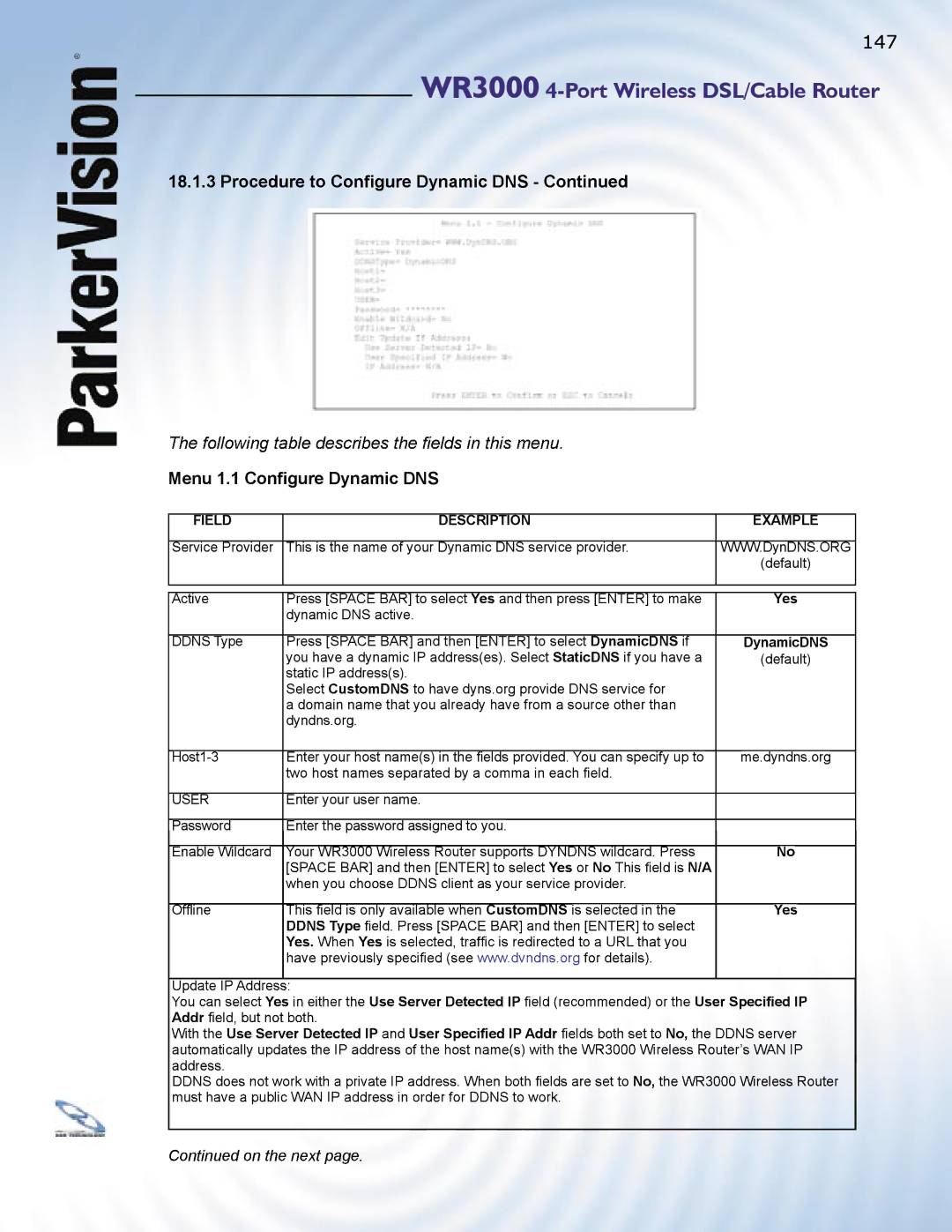 ParkerVision WR3000 manual Menu 1.1 Conﬁgure Dynamic DNS, Yes DynamicDNS 