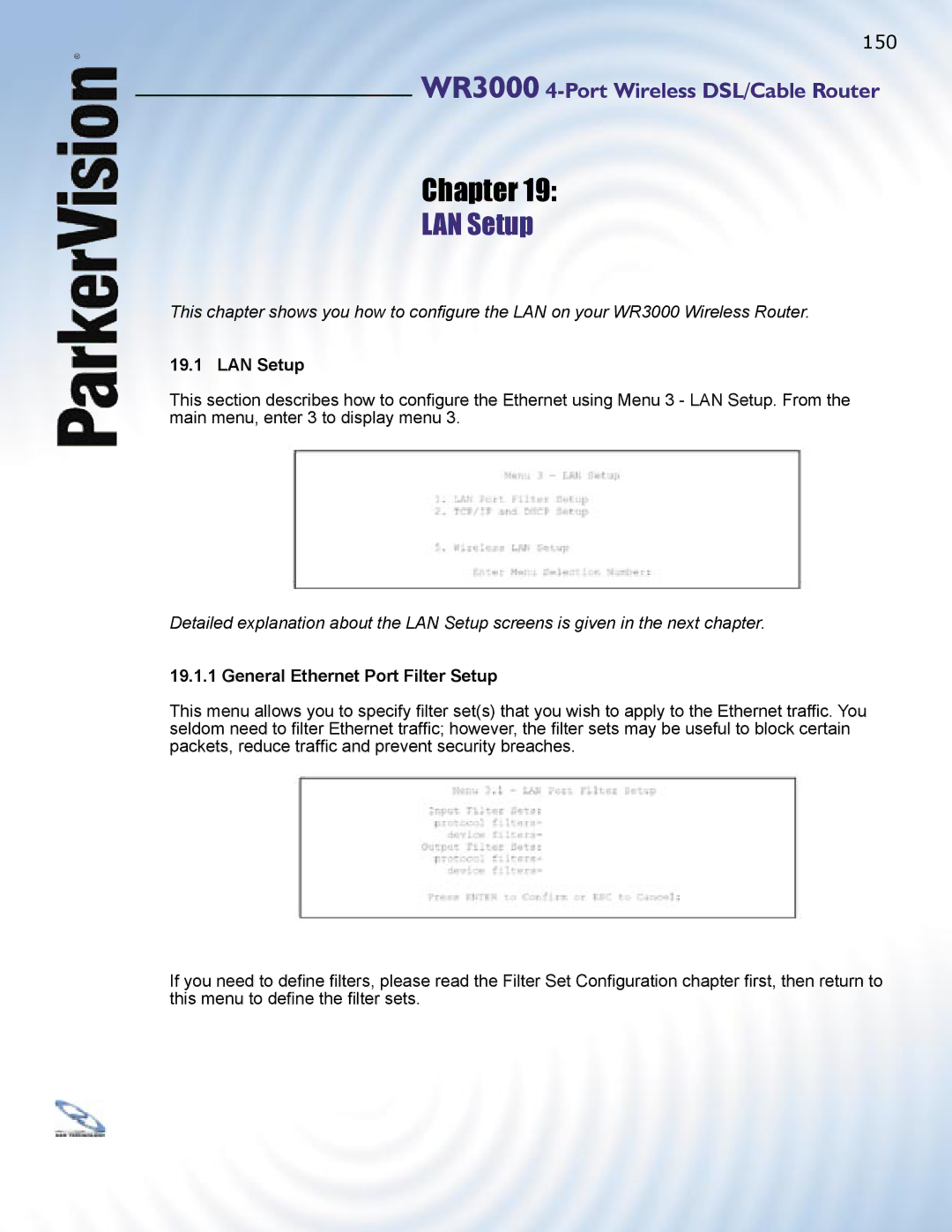 ParkerVision WR3000 manual LAN Setup, General Ethernet Port Filter Setup 