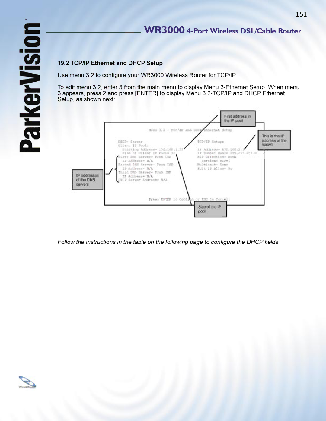 ParkerVision WR3000 manual 19.2 TCP/IP Ethernet and Dhcp Setup 