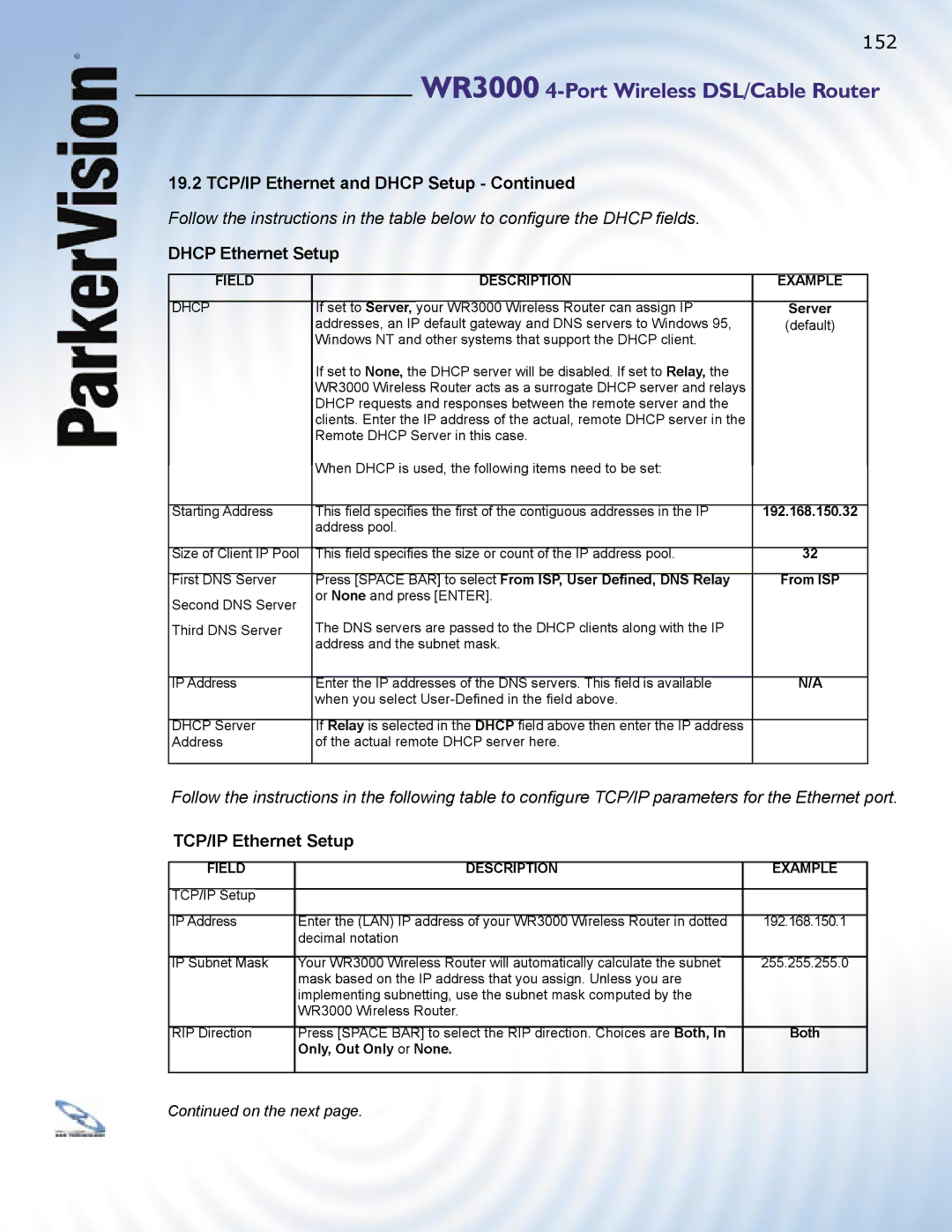 ParkerVision WR3000 manual 192.168.150.32, Press Space BAR to select From ISP, User Deﬁned, DNS Relay 