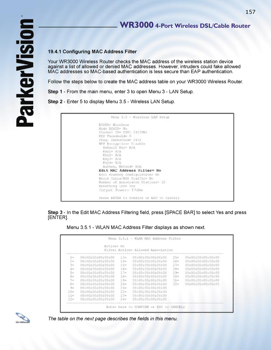 ParkerVision WR3000 manual 19.4.1 Conﬁguring MAC Address Filter 