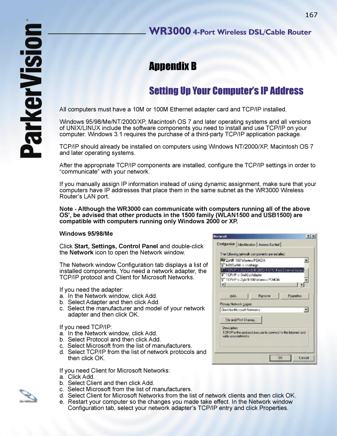 ParkerVision WR3000 manual Setting Up Your Computer’s IP Address, Windows 95/98/Me 