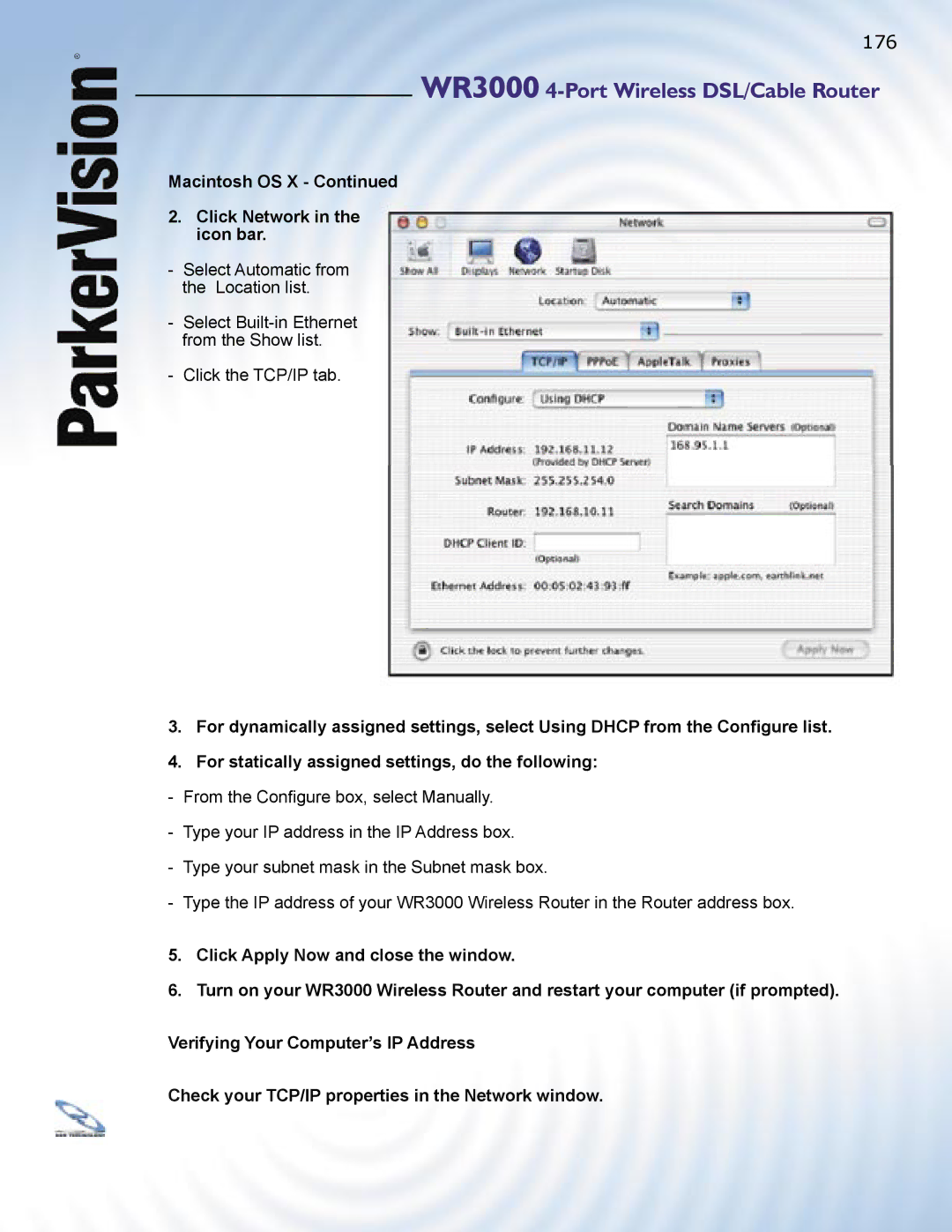 ParkerVision WR3000 manual Macintosh OS Click Network in the icon bar 