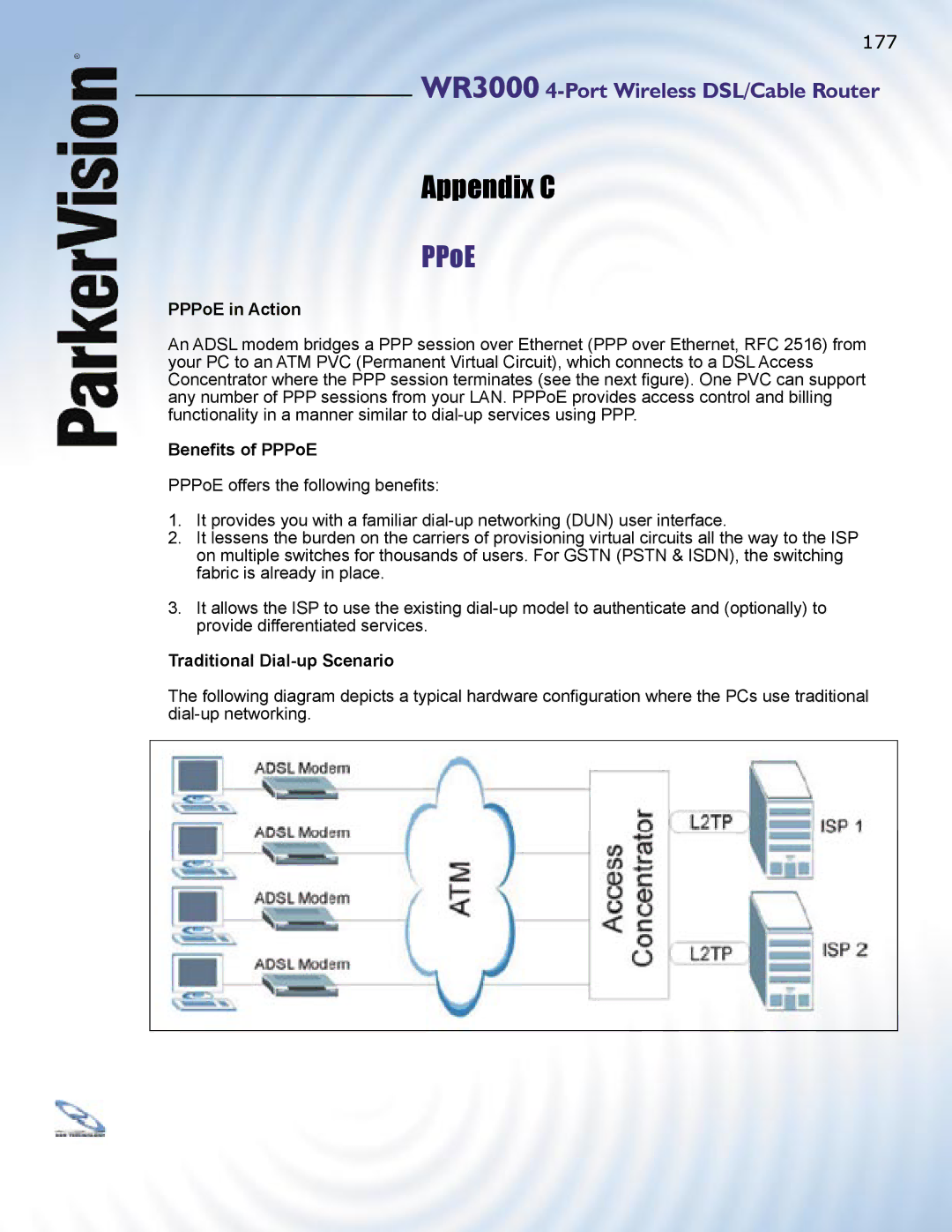 ParkerVision WR3000 manual PPPoE in Action, Beneﬁts of PPPoE, Traditional Dial-up Scenario 