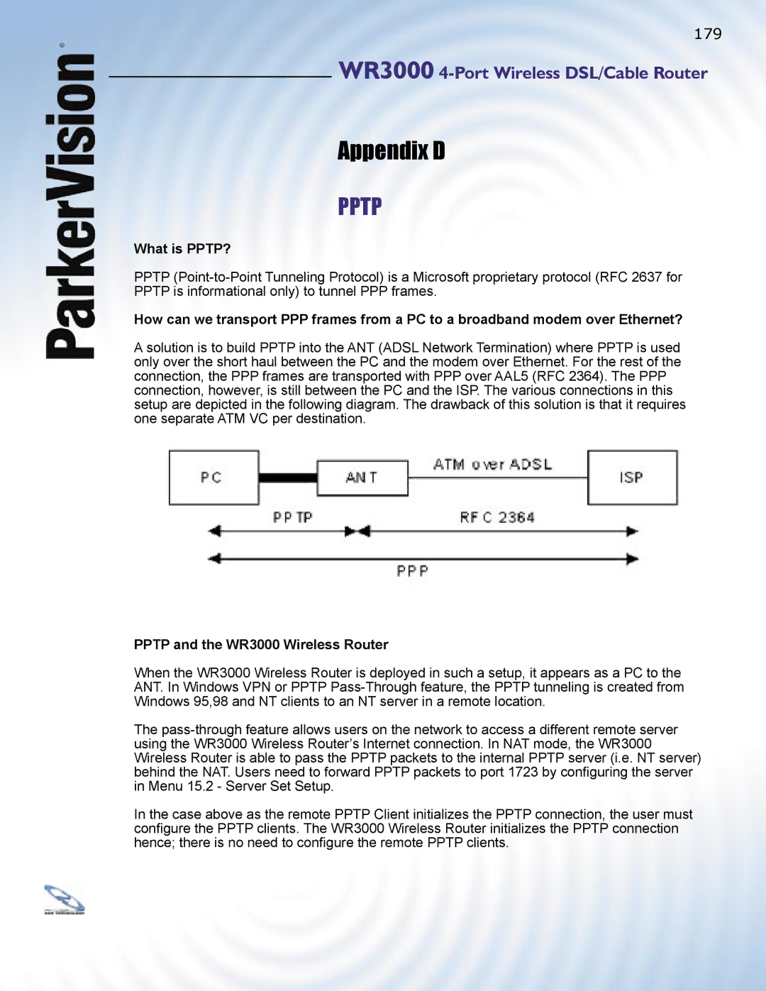 ParkerVision manual What is PPTP?, Pptp and the WR3000 Wireless Router 