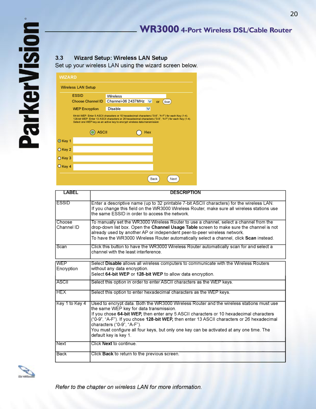 ParkerVision WR3000 manual Refer to the chapter on wireless LAN for more information 