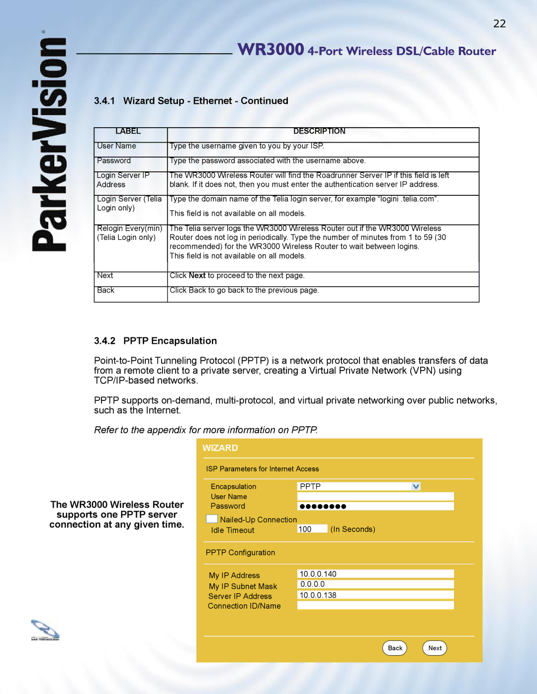 ParkerVision WR3000 manual Refer to the appendix for more information on Pptp 