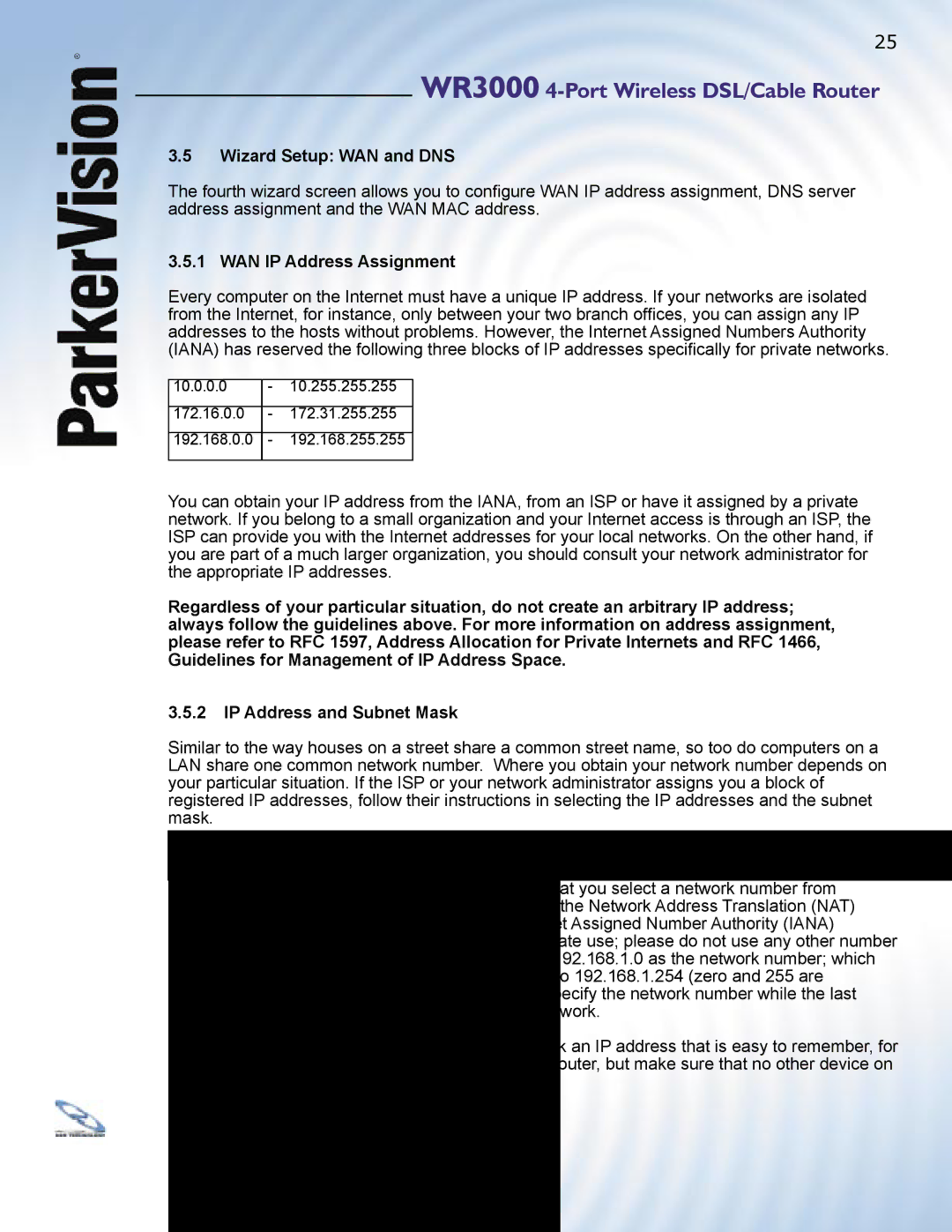 ParkerVision WR3000 manual Wizard Setup WAN and DNS, WAN IP Address Assignment 