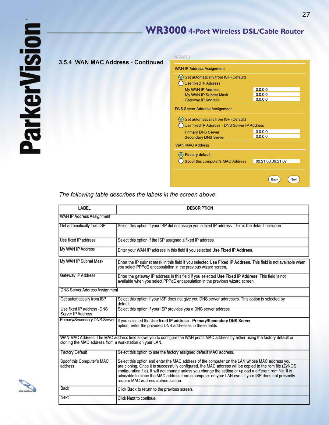 ParkerVision WR3000 manual Following table describes the labels in the screen above 