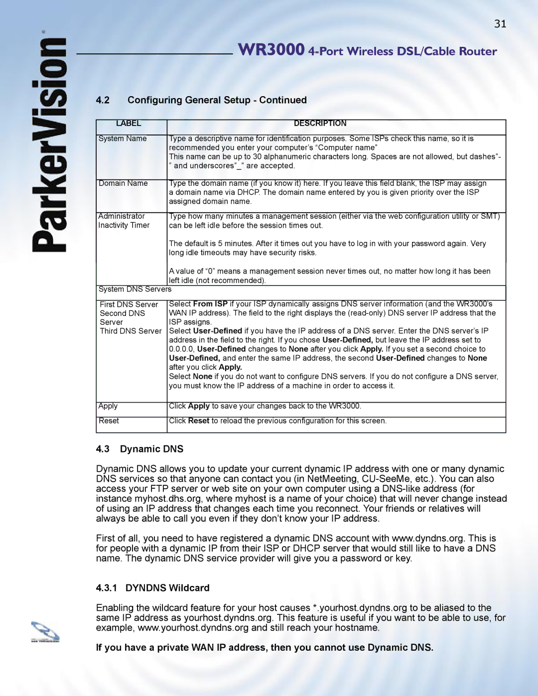 ParkerVision WR3000 manual Dynamic DNS 