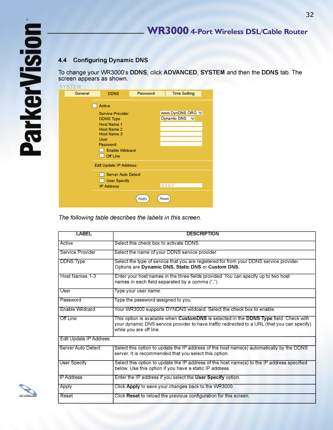 ParkerVision WR3000 manual System, Options are Dynamic DNS, Static DNS or Custom DNS 