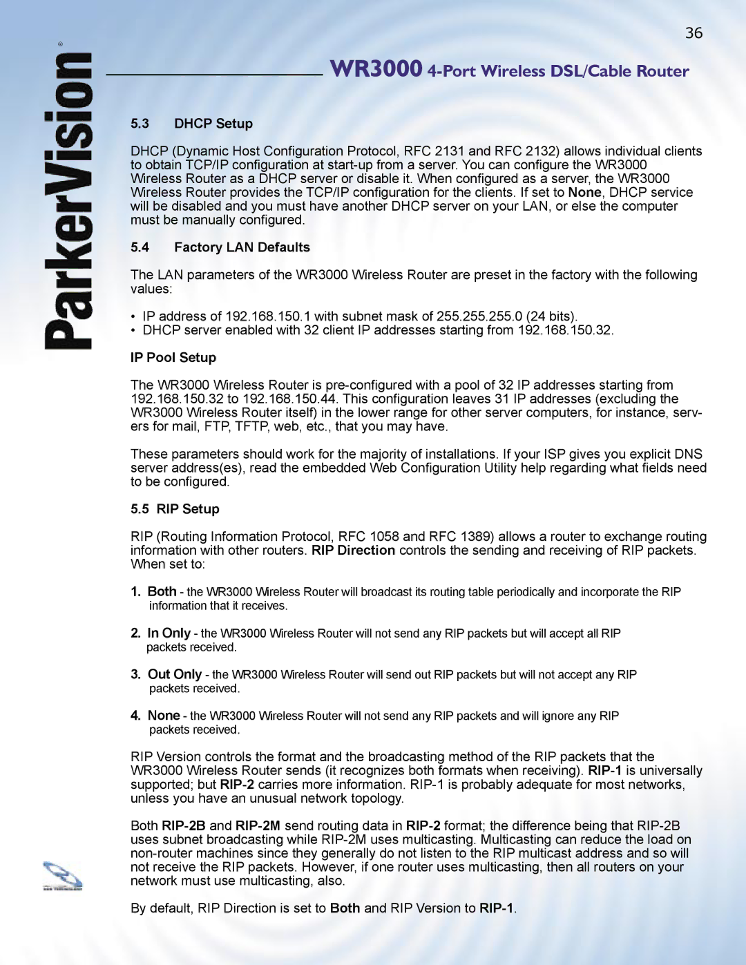 ParkerVision WR3000 manual Dhcp Setup, Factory LAN Defaults, IP Pool Setup, RIP Setup 