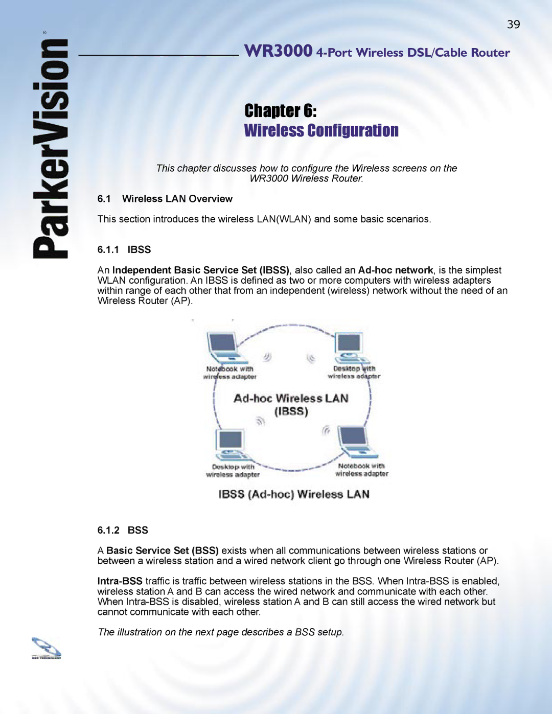 ParkerVision WR3000 manual Wireless Conﬁguration, Wireless LAN Overview, Ibss, 2 BSS 