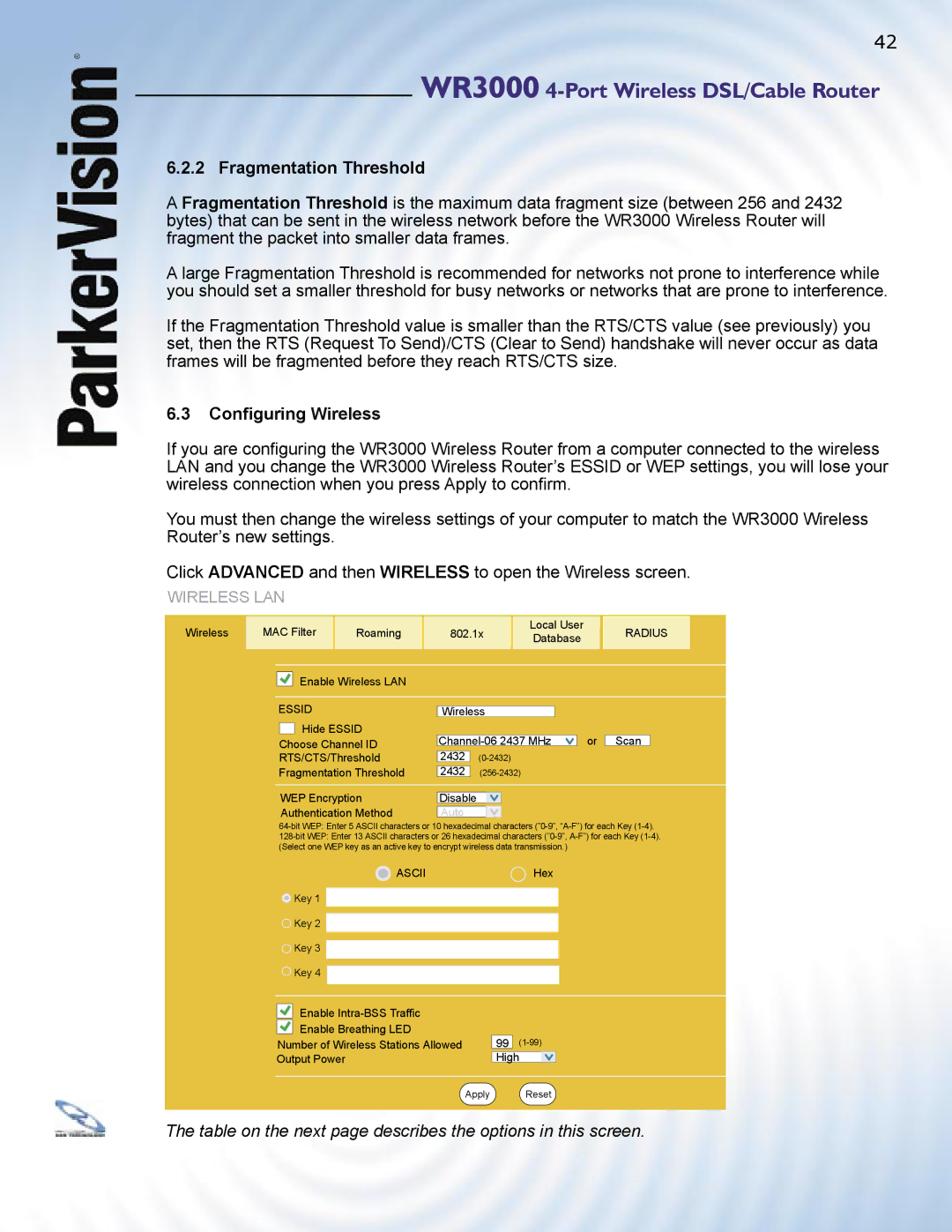 ParkerVision WR3000 manual Fragmentation Threshold, Conﬁguring Wireless 