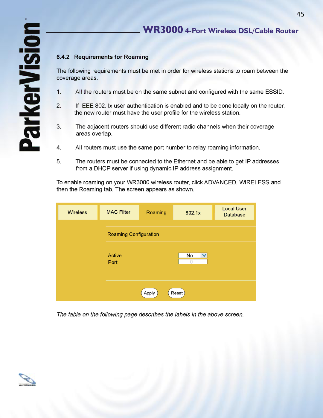 ParkerVision WR3000 manual Requirements for Roaming 