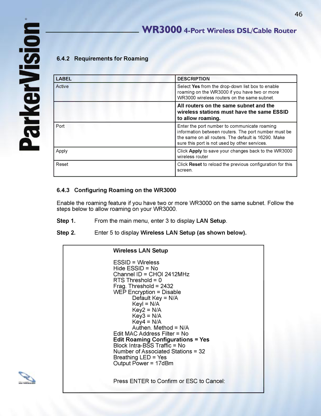 ParkerVision manual 3 Conﬁguring Roaming on the WR3000, Enter 5 to display Wireless LAN Setup as shown below 